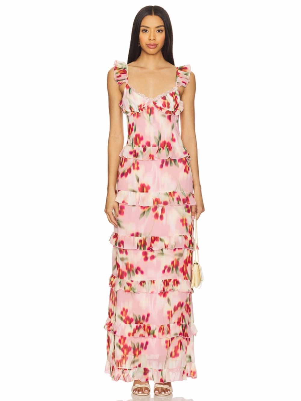 ✨SOLD Runaway The Label Melvina Pink Floral Print Ruffle Tiered Maxi Dress Size